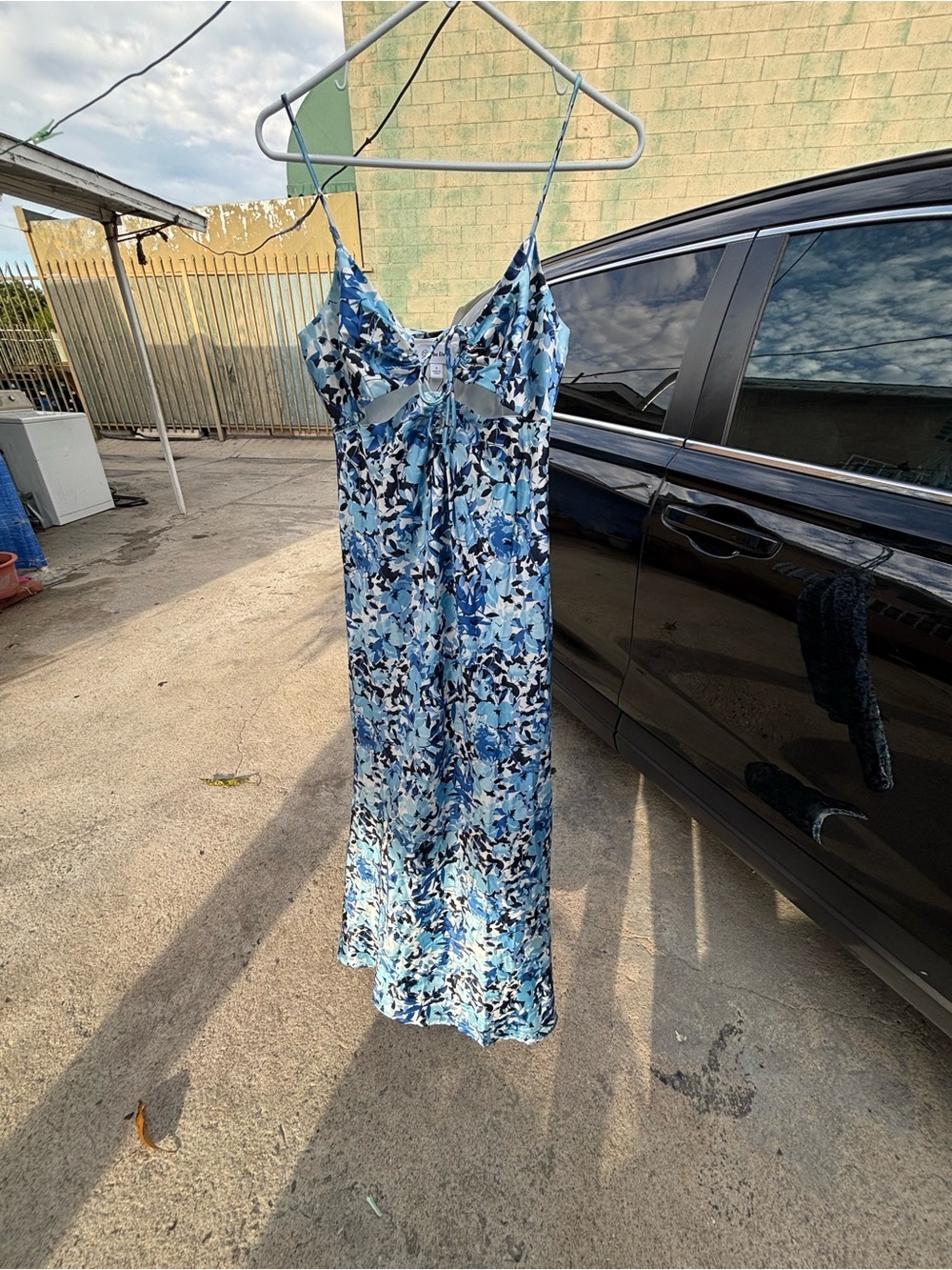Blue Floral Satin Slip Dress with Cutout Tie Front